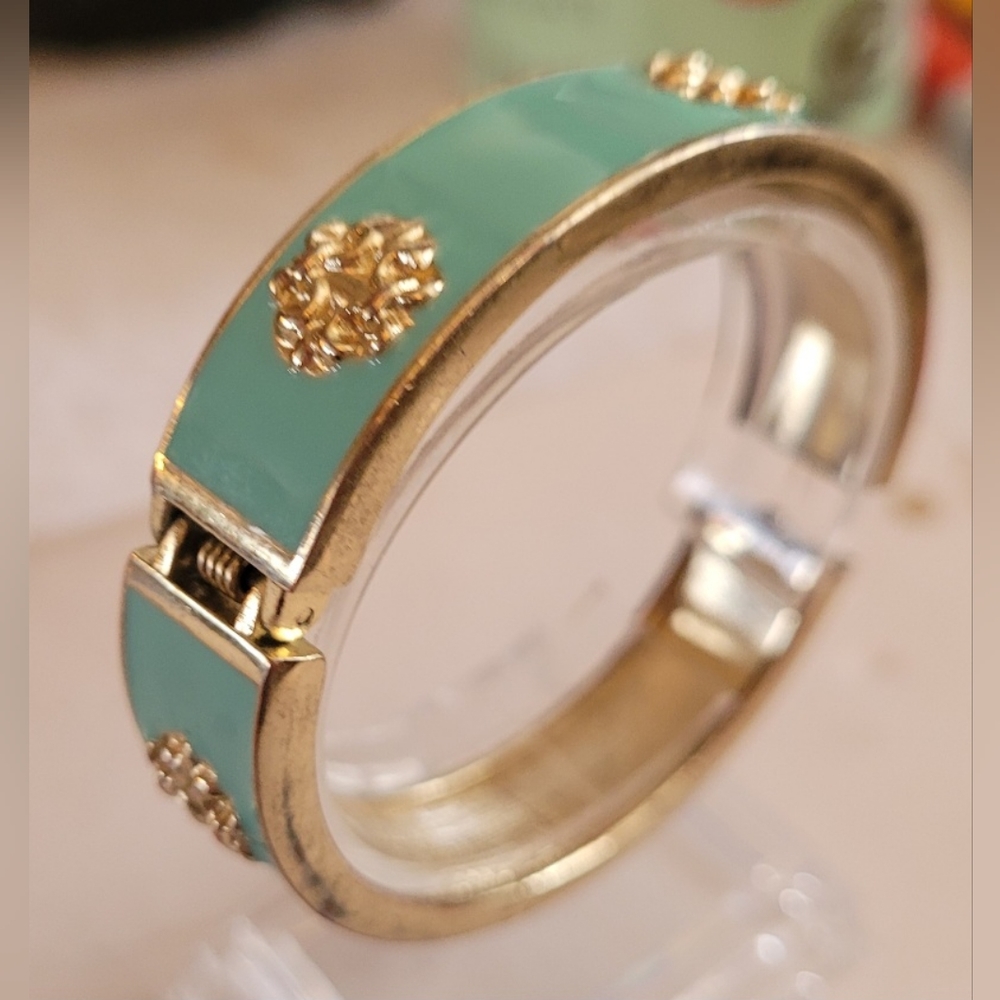 Gold and Green Turquoise Enamel Hinged Bangle Bracelet